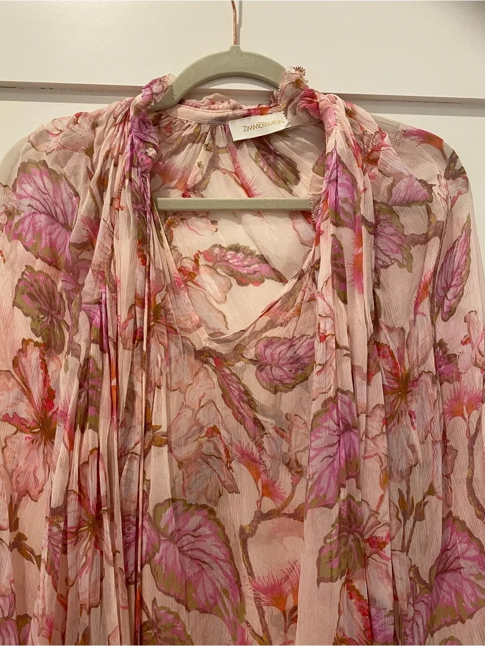 Zimmermann Matchmaker Billow Blouse, Pink Floral Tie Neck, Size 1